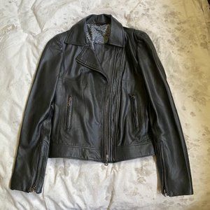 Black Leather Moto Jacket with Leopard Print Lining